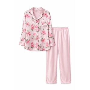 Adonna Pajama Set Womens Large Pink Floral Satin Long Sleeve Button Front 2 pc